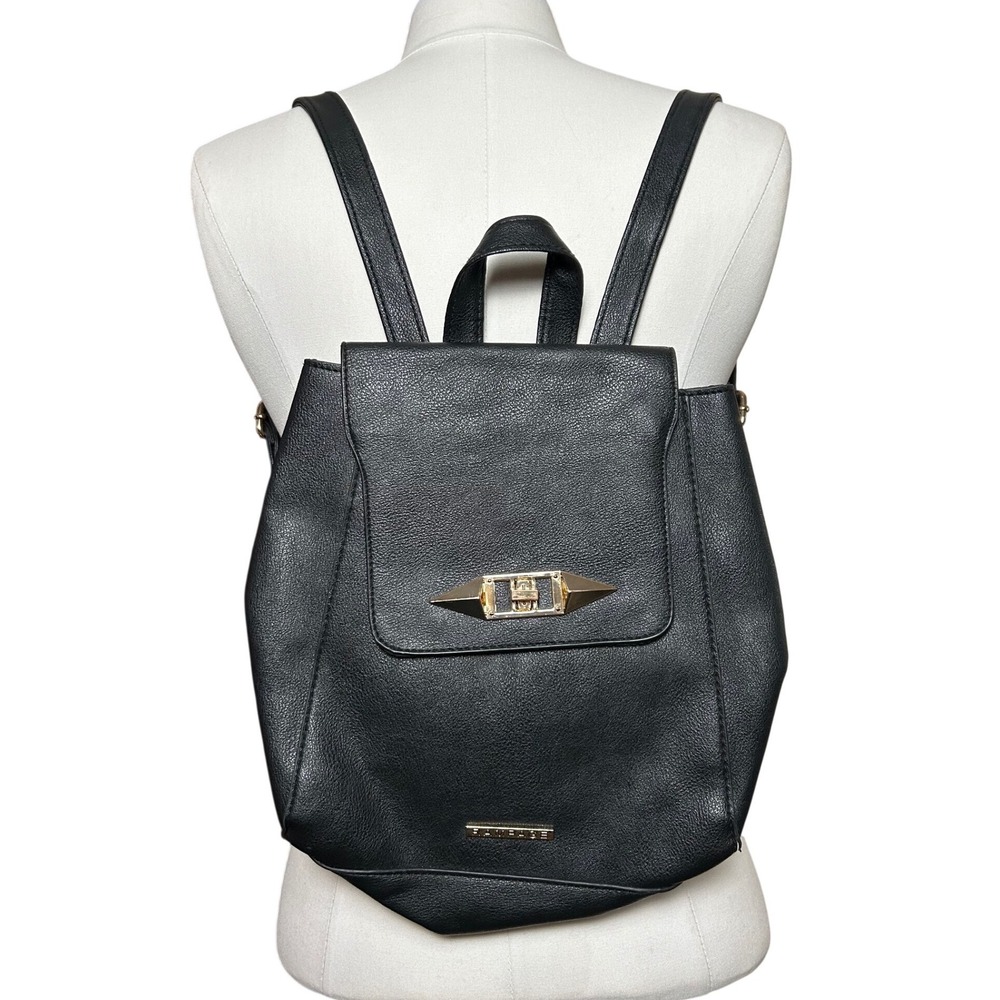 Rampage Black‎ Faux Leather Mini Backpack Gold Turn Lock Flap Bag Classy Basic